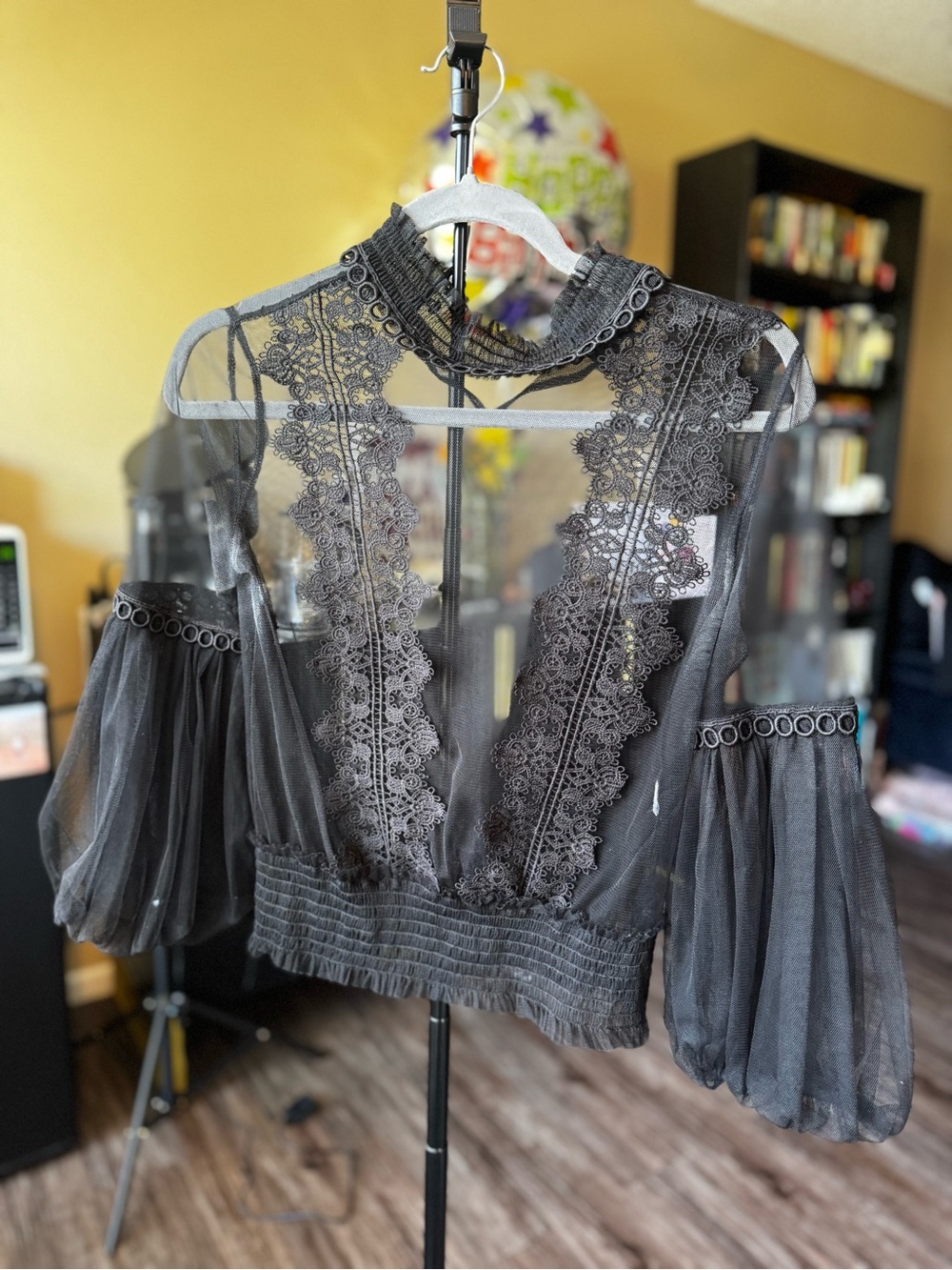 love J Black Sheer Lace Cold-Shoulder Blouse